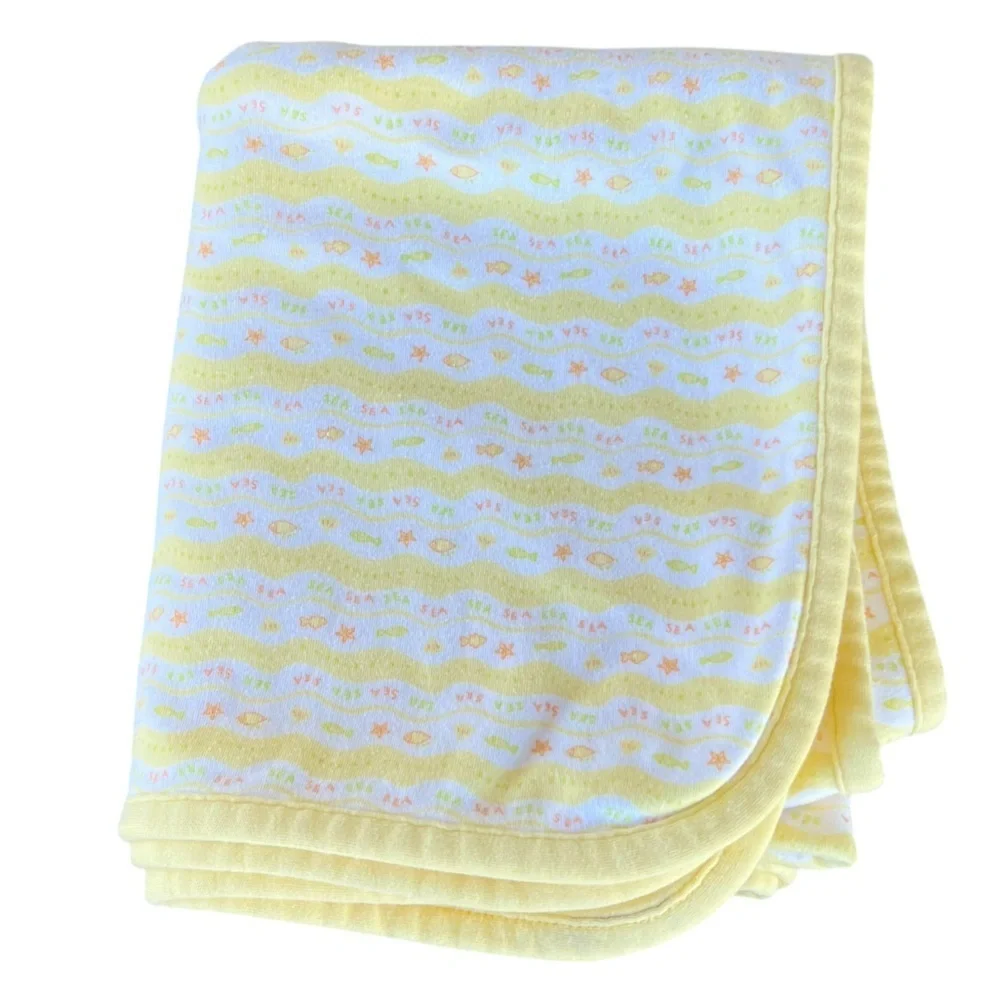 Vintage Gymboree Fish Sea Star Reversible Baby Blanket 90s  Yellow White GUC
